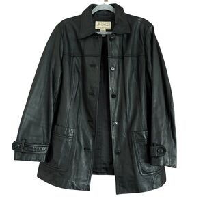 Vintage Y2K Eddie Bauer Women’s Black Leather Car Coat Casual Streetwear Sz L